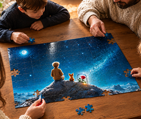 Skládání puzzle v rodinném kruhu u stolu